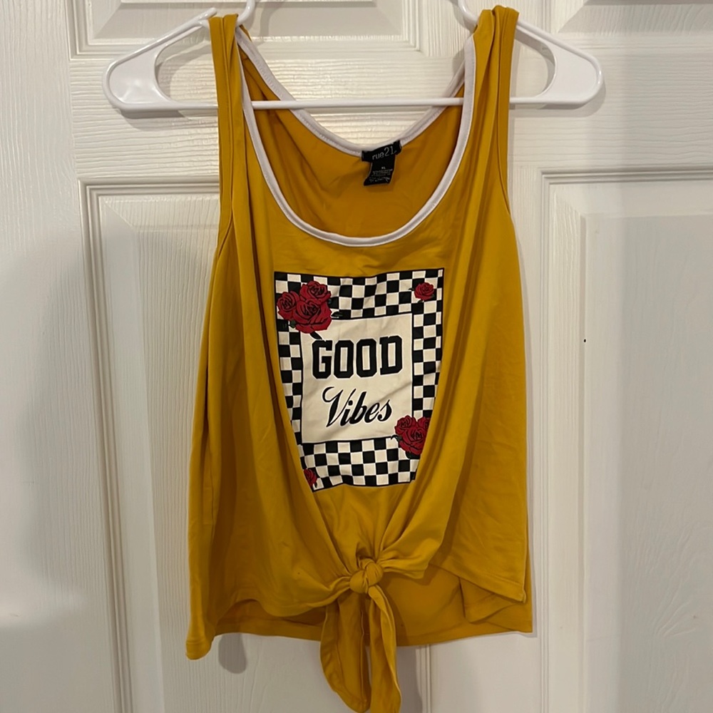 Rue 21 good vibes yellow with red rose XL tank top with tie front